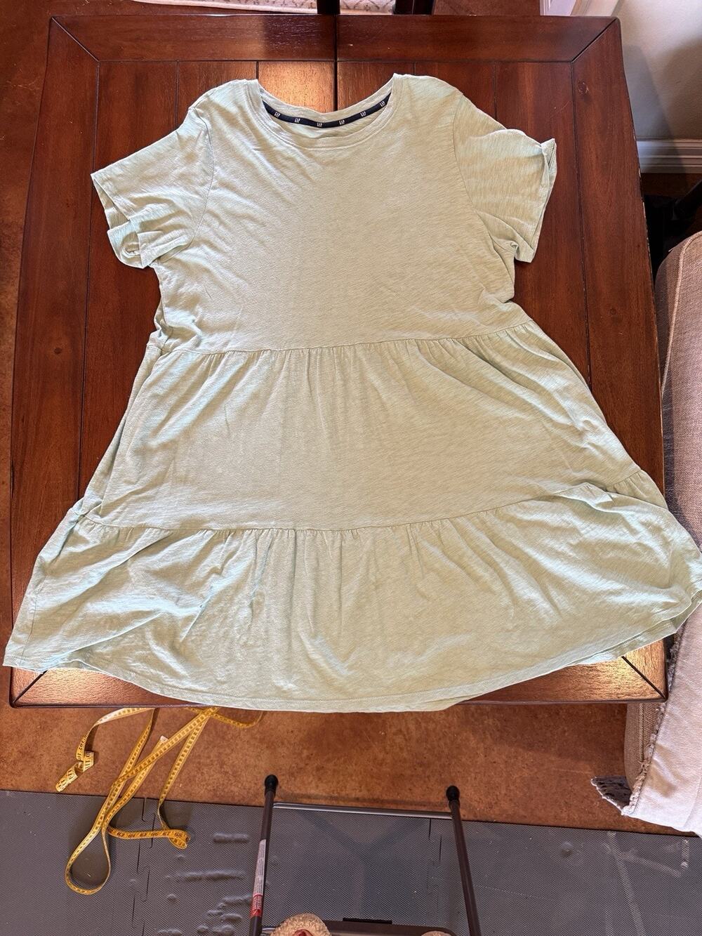 GAP Women's XL Green Solid Crew Neck Cap Sleeve Knit Ruffle Pocket T-shirt Dress